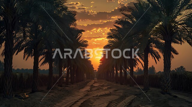Agricultural fields and lands, local Arab national product, Saudi dates and fresh dates crop, green palm farms in the Kingdom of Saudi Arabia, a nature reserve for planting palm trees at sunset
