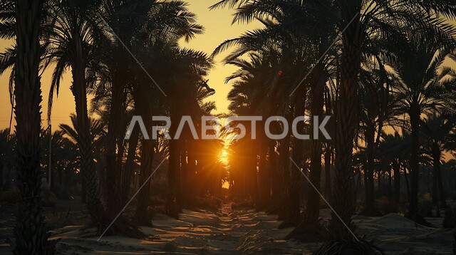 حقول واراضي زراعيه، منتج عربي محلي وطني، محصول التمر والرطب السعودي، مزارع النخيل الخضراء في المملكة العربية السعودية، محميه طبيعيه لزراعة اشجار النخل وقت غروب الشمس