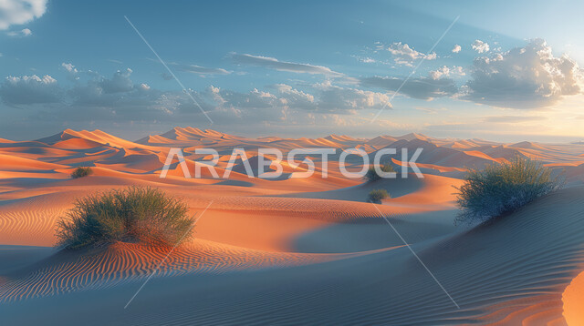 Growth of trees, plants and dry wild herbs in a nature reserve during the day, desert nature and soft golden sand dunes in the Kingdom of Saudi Arabia, view of white clouds in the sky, nature background