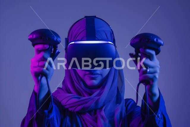 Modern electronic technologies and technological devices, interaction and simulation of the imaginary virtual world, close-up portrait of a veiled Saudi Arabian Gulf woman wearing VR glasses and holding a controller in her hands, enjoying and spending recreational time playing video games, purple background
