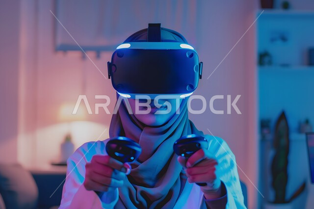 التفاعل ومحاكاة العالم الافتراضي الخيالي, صورة مقربة لإمرأة عربية خليجية سعودية محجبة تضع نظارات الفي ار وتمسك عصا التحكم بيديها, الاستمتاع و قضاء اوقات ترفيهية في اللعب بالعاب الفيديو، تقنيات حديثة الكترونية وأجهزة تكنولوجية
