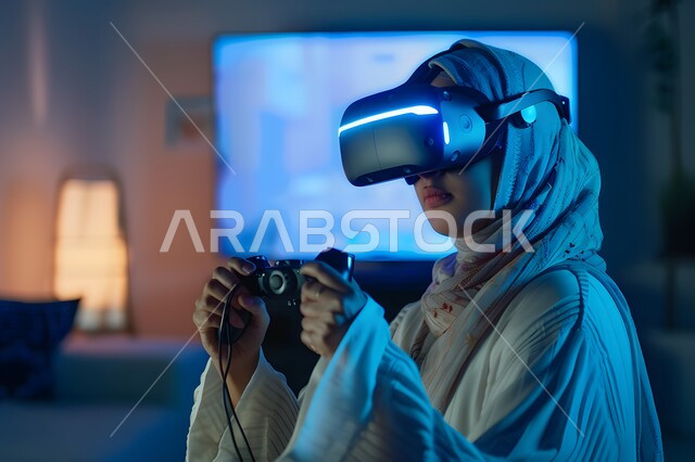 التفاعل ومحاكاة العالم الافتراضي الخيالي, صورة مقربة لإمرأة عربية خليجية سعودية محجبة تضع نظارات الفي ار وتمسك عصا التحكم بيديها, الاستمتاع و قضاء اوقات ترفيهية في اللعب بالعاب الفيديو، تقنيات حديثة الكترونية وأجهزة تكنولوجية