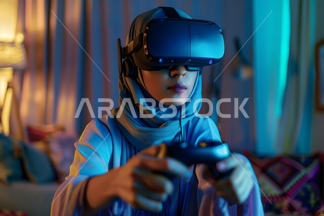 التفاعل ومحاكاة العالم الافتراضي الخيالي, صورة مقربة لإمرأة عربية خليجية سعودية محجبة تضع نظارات الفي ار وتمسك عصا التحكم بيديها, الاستمتاع و قضاء اوقات ترفيهية في اللعب بالعاب الفيديو، تقنيات حديثة الكترونية وأجهزة تكنولوجية