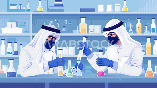 مختبرات الفحوصات الطبية والتحاليل الكيمائية، استعمال الأنابيب الزجاجية المعقمة لتحليل العينات المختلفة، معمل الصناعات الدوائية، رسوم توضيجية لمخبريين عربيين خليجيين سعوديين يرتديان الغترة والثوب التقليدي يقومان بإجراء التجارب والبحوث العلمية الحيوية