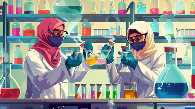 معمل الصناعات الدوائية، رسوم توضيجية لمخبريتين عربيتين خليجيتين سعوديتين ترتديان الحجاب تقومان بإجراء التجارب والبحوث العلمية الحيوية، مختبرات الفحوصات الطبية والتحاليل الكيمائية، استعمال الأنابيب الزجاجية المعقمة لتحليل العينات المختلفة
