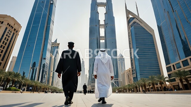 ايماءات المشي والذهاب إلى الشركة، صورة من الخلف لرجل عربي خليجي إماراتي يرتدي الكندورة والغترة يمشي مع زميله في الهواء الطلق، التقدم والتوسع العمراني للأبراج وناطحات السحاب في الإمارات العربية المتحدة، انتهاء الدوام وخروج الموظفين
