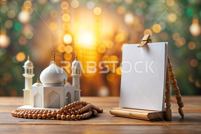 مجسم صغير لمسجد اسلامي باللون الأبيض وبتصاميم عربية، سبحة خشبية على الطاولة بجانب بطاقة بيضاء فارغة، بطاقات تهنئة اسلامية، اسلاميات وعبادة، التسبيح والتهليل والذكر