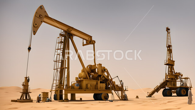حفارة تقوم بالتنقيب عن النفط في الصحراء في النهار, استيراد وتصدير الثروات الباطنية، جودة الأدوات والمعدات لصناعة وتخزين البترول، رافعات وآلات حفر ضخمة لاستخراج النفط والزيوت