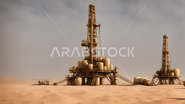 حفارة تقوم بالتنقيب عن النفط في الصحراء في النهار, استيراد وتصدير الثروات الباطنية، جودة الأدوات والمعدات لصناعة وتخزين البترول، رافعات وآلات حفر ضخمة لاستخراج النفط والزيوت