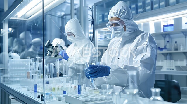 Chemical and pharmaceutical industries laboratory, a group of Saudi Arabian Gulf laboratory workers wearing protective masks conducting experiments and vital scientific research, medical examination and chemical analysis laboratories, using sterile glass tubes to analyze different samples