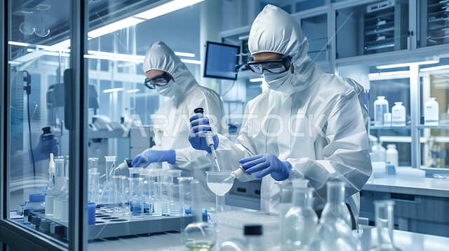 Chemical and pharmaceutical industries laboratory, a group of Saudi Arabian Gulf laboratory workers wearing protective masks conducting experiments and vital scientific research, medical examination and chemical analysis laboratories, using sterile glass tubes to analyze different samples