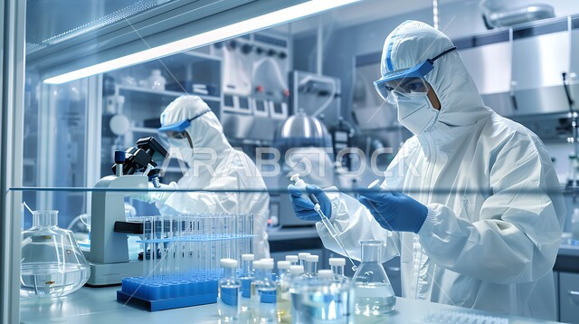 A group of Saudi Arabian Gulf laboratory workers wearing protective masks are conducting experiments and vital scientific research, medical examination and chemical analysis laboratories, using sterile glass tubes to analyze different samples, pharmaceutical industries laboratory
