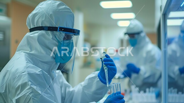 Chemical and pharmaceutical industries laboratory, a group of Saudi Arabian Gulf laboratory workers wearing protective masks conducting experiments and vital scientific research, medical examination and chemical analysis laboratories, using sterile glass tubes to analyze different samples