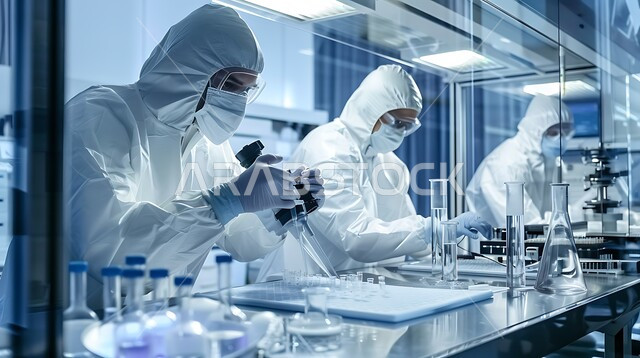 A group of Saudi Arabian Gulf laboratory workers wearing protective masks are conducting experiments and vital scientific research, medical examination and chemical analysis laboratories, using sterile glass tubes to analyze different samples, pharmaceutical industries laboratory