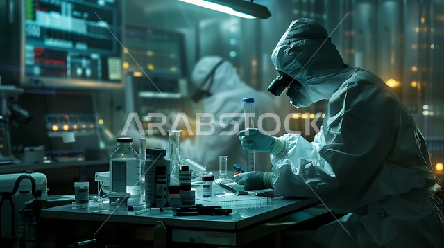 مجموعة من المخبريين العرب الخليجيين السعوديين يرتدون الاقنعة الواقية يقومون بإجراء التجارب والبحوث العلمية الحيوية، مختبرات الفحوصات الطبية والتحاليل الكيمائية، استعمال الأنابيب الزجاجية المعقمة لتحليل العينات المختلفة، معمل الصناعات الدوائية