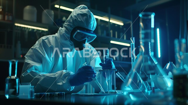 استعمال الأنابيب الزجاجية المعقمة لتحليل العينات المختلفة، معمل الصناعات الكيميائية والدوائية، مخبري عربي خليجي سعودي يرتدي القناع الواقي يقوم بإجراء التجارب والبحوث العلمية الحيوية، مختبرات الفحوصات الطبية والتحاليل الكيمائية