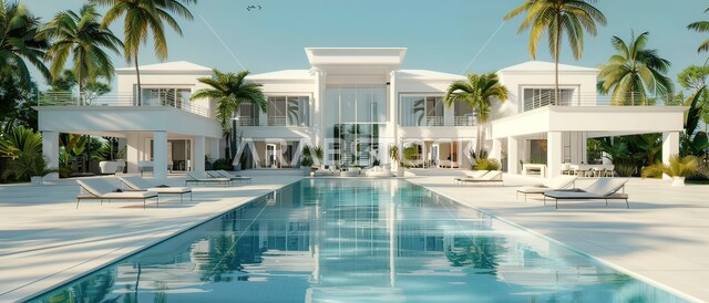 الفن الهندسي المعماري على الطراز الحديث للفلل والشقق السكنية والفنادق الفاخرة، فيلا خارجية مع حوض سباحة صغير وأشجار النخيل الخضراء، تصاميم وديكورات عصرية فخمة، أماكن سياحية ترفيهية في المملكة العربية السعودية