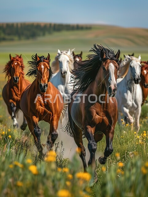 مفهوم تربية الخيول، صورة مقربة لقطيع من الخيل يتنقل في البستان، إسطبل رعاية الأحصنة، مزرعة لتربية الفرس بالمملكة العربية السعودية، المروج الخضراء الخصبة، المناظر الطبيعية المتميزة