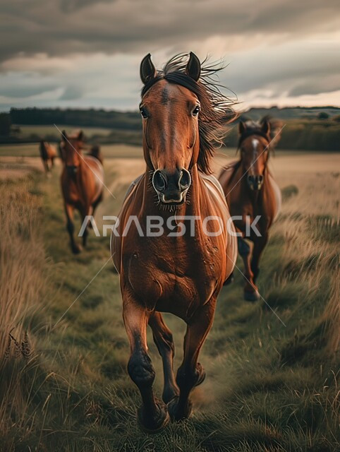 مفهوم تربية الخيول، صورة مقربة لقطيع من الخيل يتنقل في البستان، إسطبل رعاية الأحصنة، مزرعة لتربية الفرس بالمملكة العربية السعودية، المروج الخضراء الخصبة، المناظر الطبيعية المتميزة