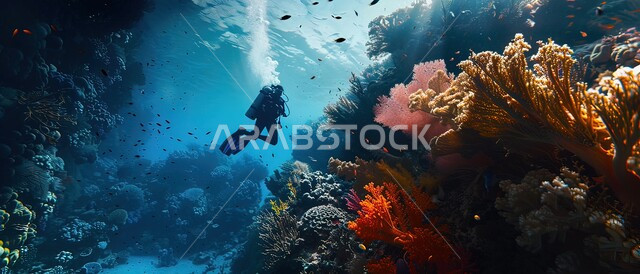 استكشاف الطبيعة المائية، النباتات البحرية والثروة السمكية في المملكة العربية السعودية، مجموعة من الأسماك الصغيرة تسبح في المياه، الشعب المرجانية الملونة في البحار والمحيطات، غواص يرتدي الزي الخاص بالغوص في أعماق البحر