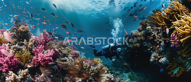 استكشاف الطبيعة المائية، النباتات البحرية والثروة السمكية في المملكة العربية السعودية، مجموعة من الأسماك الصغيرة تسبح في المياه، الشعب المرجانية الملونة في البحار والمحيطات، غواص يرتدي الزي الخاص بالغوص في أعماق البحر