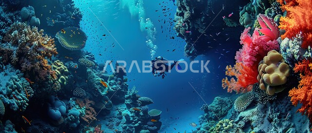 Exploring aquatic nature, marine plants and fish wealth in the Kingdom of Saudi Arabia, a group of small fish swimming in the water, colorful coral reefs in the seas and oceans, a diver wearing a special diving suit in the depths of the sea