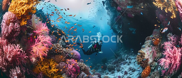 استكشاف الطبيعة المائية، النباتات البحرية والثروة السمكية في المملكة العربية السعودية، مجموعة من الأسماك الصغيرة تسبح في المياه، الشعب المرجانية الملونة في البحار والمحيطات، غواص يرتدي الزي الخاص بالغوص في أعماق البحر