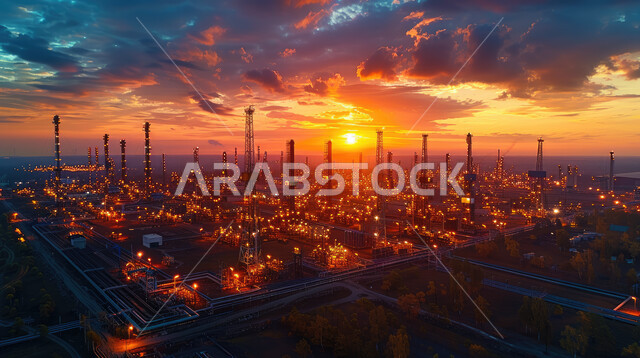 صناعات ومشاريع بتروكيماوية، مفهوم هندسة البترول في دول الخليج, مصفاة تكرير النفط والغاز, النهضة بالاقتصاد الوطني السعودي, منظر المستودعات والخزانات الكبيرة والضخمة وقت الغروب, مصانع ومعامل النفط في المملكة العربية السعودية