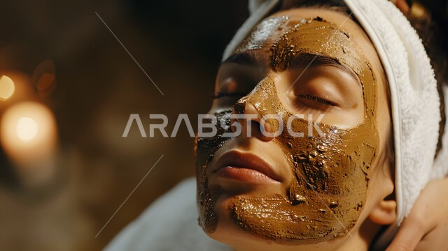 مفهوم الجمال والاهتمام بالمظهر الخارجي, صالونات التجميل في المملكة العربية السعودية, جلسات العناية بالبشرة, صورة مقربة لوجه امرأه عربية خليجية سعودية تضع الماسك على وجها في إحدى المراكز التجميلية, المحافظة على النضارة والشباب, روتين التقشير والتفتيح والتدليك