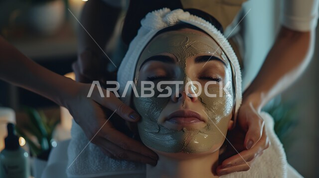 مفهوم الجمال والاهتمام بالمظهر الخارجي, صالونات التجميل في المملكة العربية السعودية, جلسات العناية بالبشرة, صورة مقربة لوجه امرأه عربية خليجية سعودية تضع الماسك على وجها في إحدى المراكز التجميلية, المحافظة على النضارة والشباب, روتين التقشير والتفتيح والتدليك