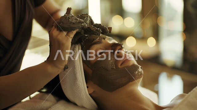 The concept of beauty and attention to external appearance, beauty salons in the Kingdom of Saudi Arabia, skin care sessions, a close-up of the face of a Saudi Arabian Gulf woman putting a mask on her face in one of the cosmetic centers, preserving freshness and youth, exfoliation, lightening and massage routine