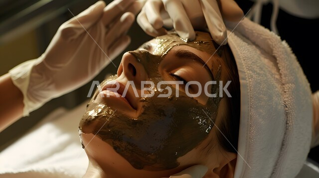 مفهوم الجمال والاهتمام بالمظهر الخارجي, صالونات التجميل في المملكة العربية السعودية, جلسات العناية بالبشرة, صورة مقربة لوجه امرأه عربية خليجية سعودية تضع الماسك على وجها في إحدى المراكز التجميلية, المحافظة على النضارة والشباب, روتين التقشير والتفتيح والتدليك