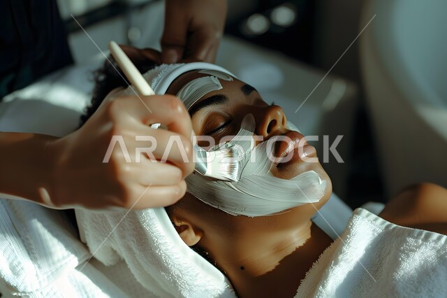 روتين التقشير والتفتيح والتدليك، مفهوم الجمال والاهتمام بالمظهر الخارجي, صالونات التجميل في المملكة العربية السعودية, جلسات العناية بالبشرة, صورة مقربة لوجه امرأه عربية خليجية سعودية تضع الماسك على وجها في إحدى المراكز التجميلية, المحافظة على النضارة والشباب