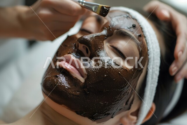 Skin care sessions, exfoliation, lightening and massage routine, the concept of beauty and attention to external appearance, beauty salons in the Kingdom of Saudi Arabia, a close-up of the face of a Saudi Arabian Gulf woman putting a mask on her face in one of the cosmetic centers, preserving freshness and youth.