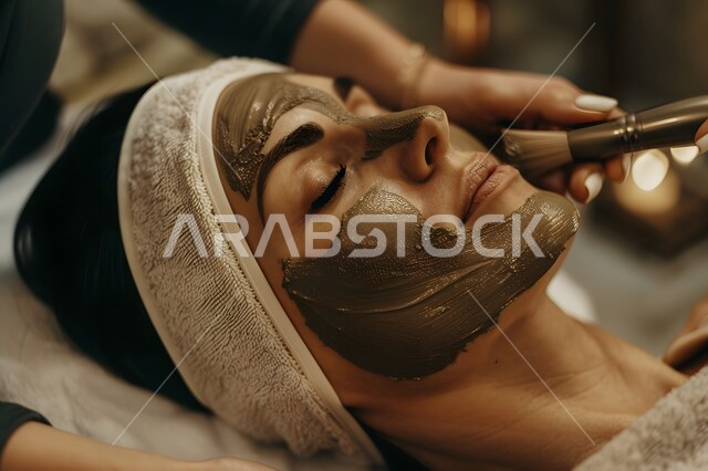 Skin care sessions, exfoliation, lightening and massage routine, the concept of beauty and attention to external appearance, beauty salons in the Kingdom of Saudi Arabia, a close-up of the face of a Saudi Arabian Gulf woman putting a mask on her face in one of the cosmetic centers, preserving freshness and youth.