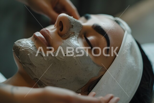  جلسات العناية بالبشرة, روتين التقشير والتفتيح والتدليك، مفهوم الجمال والاهتمام بالمظهر الخارجي, صالونات التجميل في المملكة العربية السعودية,صورة مقربة لوجه امرأه عربية خليجية سعودية تضع الماسك على وجها في إحدى المراكز التجميلية, المحافظة على النضارة والشباب