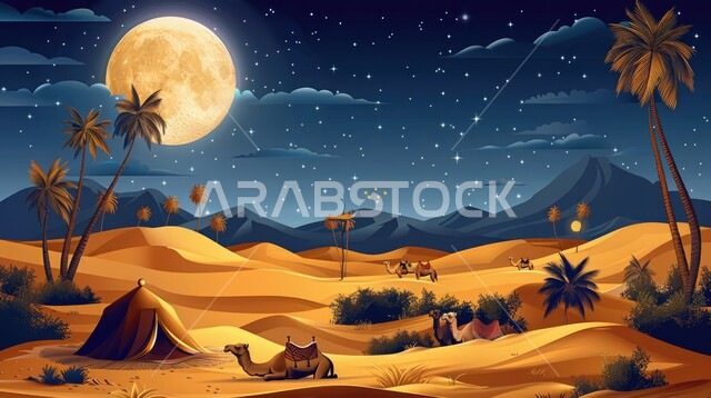 كشتة و جلسة بر شبابية، خيمة بدوية شعبية وسط الرمال، التضاريس والكثبان الذهبية الناعمة في وقت الليل، التخييم في صحاري المملكة العربية السعودية, مخيمات سياحية في المناطق البرية، خلفية السماء بالبدر المضيء، الجمال وتربية الحيوانات والماشية، حياة البدو في الصحراء