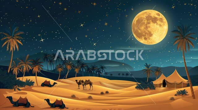 كشتة و جلسة بر شبابية، خيمة بدوية شعبية وسط الرمال، التضاريس والكثبان الذهبية الناعمة في وقت الليل، التخييم في صحاري المملكة العربية السعودية, مخيمات سياحية في المناطق البرية، خلفية السماء بالبدر المضيء، الجمال وتربية الحيوانات والماشية، حياة البدو في الصحراء