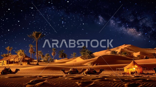 Kashta and youth wilderness session, a popular Bedouin tent in the middle of the sand, the soft golden terrain and dunes at night, camping in the deserts of the Kingdom of Saudi Arabia, tourist camps in the wild areas, the background of the sky with the illuminated full moon, camels, animal and livestock raising, Bedouin life in the desert.