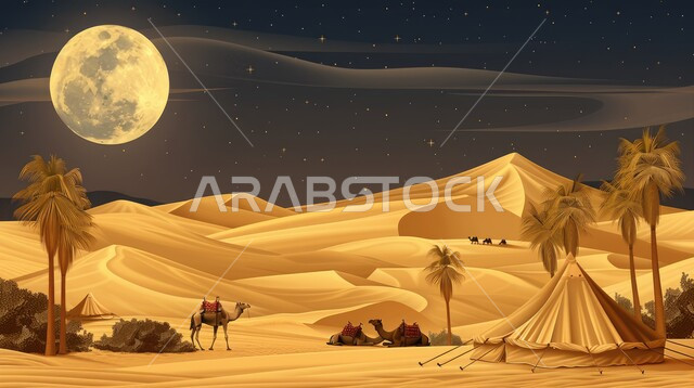 خيمة بدوية شعبية وسط الرمال، كشتة و جلسة بر شبابية،التضاريس والكثبان الذهبية الناعمة في وقت الليل، التخييم في صحاري المملكة العربية السعودية, مخيمات سياحية في المناطق البرية، خلفية السماء بالبدر المضيء، الجمال وتربية الحيوانات والماشية، حياة البدو في الصحراء
