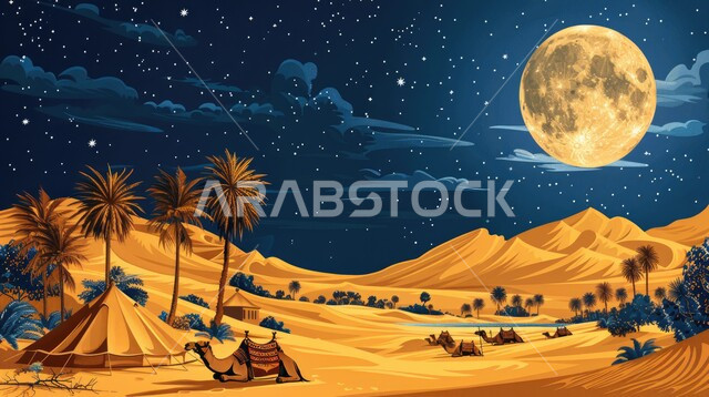 خيمة بدوية شعبية وسط الرمال، كشتة و جلسة بر شبابية،التضاريس والكثبان الذهبية الناعمة في وقت الليل، التخييم في صحاري المملكة العربية السعودية, مخيمات سياحية في المناطق البرية، خلفية السماء بالبدر المضيء، الجمال وتربية الحيوانات والماشية، حياة البدو في الصحراء