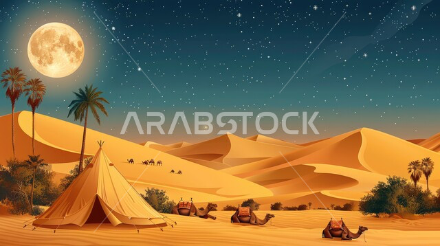 خيمة بدوية شعبية وسط الرمال، كشتة و جلسة بر شبابية،التضاريس والكثبان الذهبية الناعمة في وقت الليل، التخييم في صحاري المملكة العربية السعودية, مخيمات سياحية في المناطق البرية، خلفية السماء بالبدر المضيء، الجمال وتربية الحيوانات والماشية، حياة البدو في الصحراء