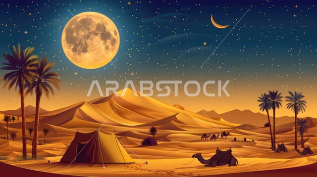 خيمة بدوية شعبية وسط الرمال، كشتة و جلسة بر شبابية،التضاريس والكثبان الذهبية الناعمة في وقت الليل، التخييم في صحاري المملكة العربية السعودية, مخيمات سياحية في المناطق البرية، خلفية السماء بالبدر المضيء، الجمال وتربية الحيوانات والماشية، حياة البدو في الصحراء