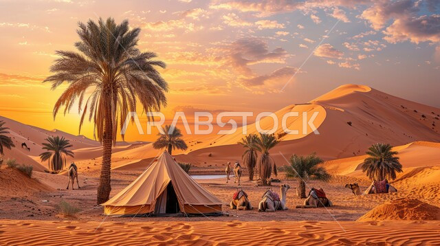 منظر السماء المتلبدة بالغيوم في وقت الغروب، حياة البدو في الصحراء، الجمال وتربية الحيوانات والماشية، البيئة الجافة والكثبان الذهبية الناعمة، مخيمات سياحية في المناطق البرية، التخييم في صحاري المملكة العربية السعودية, خيمة بدوية شعبية وسط الرمال، كشتة بر شبابية