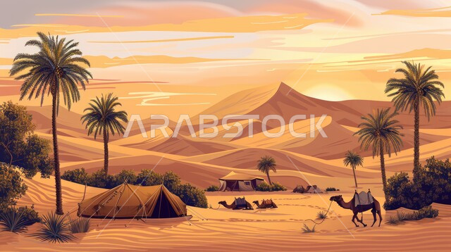 كشتة و جلسة بر شبابية، خيمة بدوية شعبية وسط الرمال، التضاريس والكثبان الذهبية الناعمة، التخييم في صحاري المملكة العربية السعودية, مخيمات سياحية في المناطق البرية، السماء وقت غروب الشمس، الجمال وتربية الحيوانات والماشية، حياة البدو في الصحراء