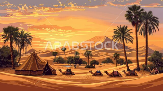 كشتة و جلسة بر شبابية، خيمة بدوية شعبية وسط الرمال، التضاريس والكثبان الذهبية الناعمة، التخييم في صحاري المملكة العربية السعودية, مخيمات سياحية في المناطق البرية، السماء وقت غروب الشمس، الجمال وتربية الحيوانات والماشية، حياة البدو في الصحراء