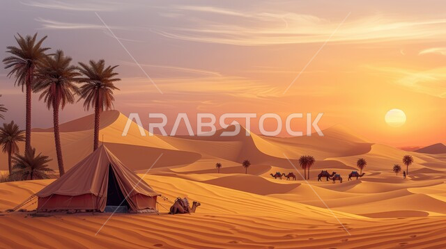 كشتة و جلسة بر شبابية، خيمة بدوية شعبية وسط الرمال، التضاريس والكثبان الذهبية الناعمة، التخييم في صحاري المملكة العربية السعودية, مخيمات سياحية في المناطق البرية، السماء وقت غروب الشمس، الجمال وتربية الحيوانات والماشية، حياة البدو في الصحراء