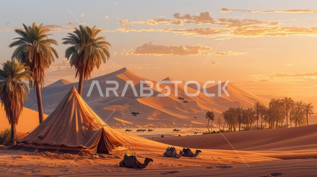 كشتة و جلسة بر شبابية، خيمة بدوية شعبية وسط الرمال، التضاريس والكثبان الذهبية الناعمة، التخييم في صحاري المملكة العربية السعودية, مخيمات سياحية في المناطق البرية، السماء وقت غروب الشمس، الجمال وتربية الحيوانات والماشية، حياة البدو في الصحراء