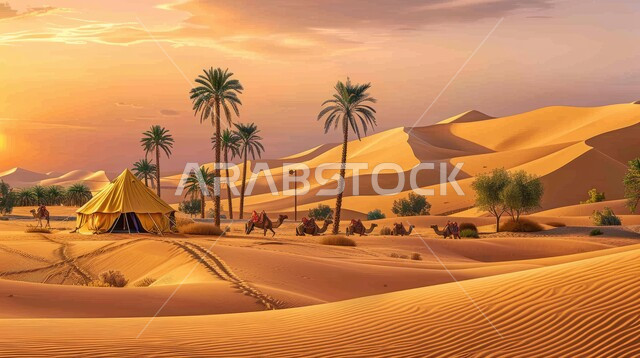 خيمة بدوية شعبية وسط الرمال، كشتة و جلسة بر شبابية، التضاريس والكثبان الذهبية الناعمة، التخييم في صحاري المملكة العربية السعودية, مخيمات سياحية في المناطق البرية، السماء وقت غروب الشمس، الجمال وتربية الحيوانات والماشية، حياة البدو في الصحراء