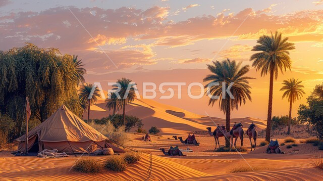 خيمة بدوية شعبية وسط الرمال، كشتة و جلسة بر شبابية، التضاريس والكثبان الذهبية الناعمة، التخييم في صحاري المملكة العربية السعودية, مخيمات سياحية في المناطق البرية، السماء وقت غروب الشمس، الجمال وتربية الحيوانات والماشية، حياة البدو في الصحراء